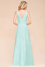Elegante vestido de dama de honor de gasa con escote en V y corte A, vestido de fiesta de boda largo