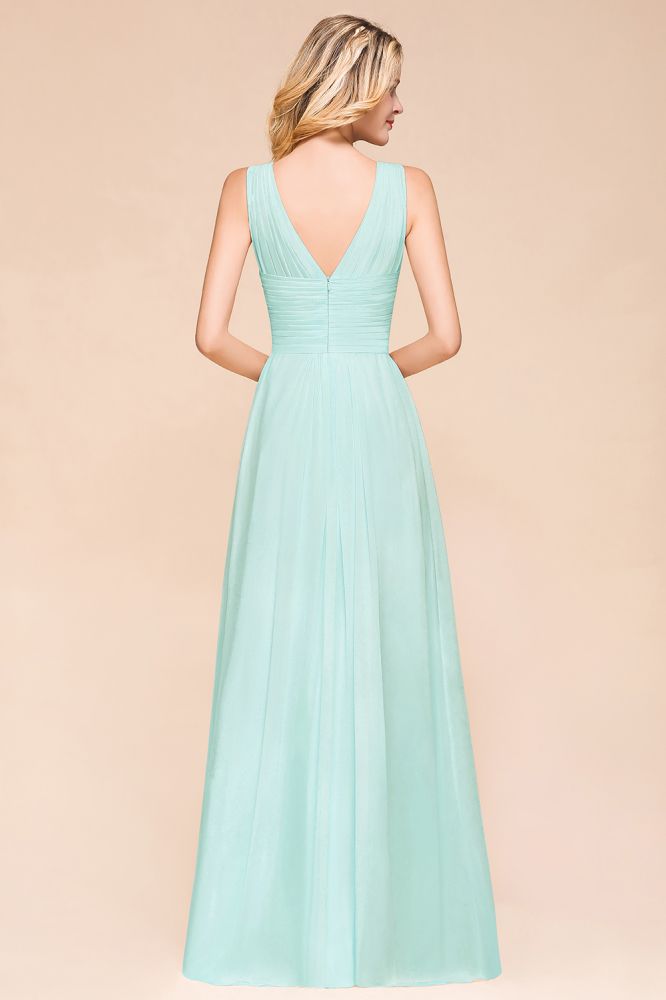 Elegante vestido de dama de honor de gasa con escote en V y corte A, vestido de fiesta de boda largo