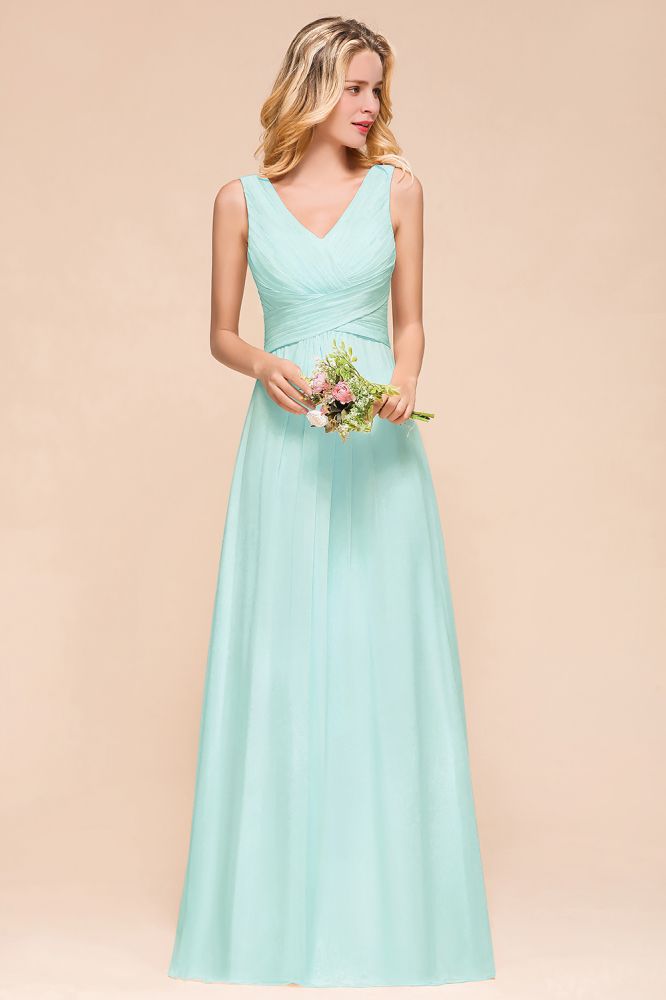 Elegante vestido de dama de honor de gasa con escote en V y corte A, vestido de fiesta de boda largo