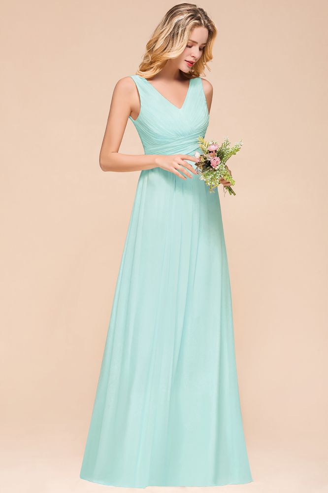 Elegante vestido de dama de honor de gasa con escote en V y corte A, vestido de fiesta de boda largo