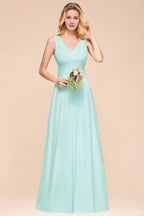 Elegante vestido de dama de honor de gasa con escote en V y corte A, vestido de fiesta de boda largo
