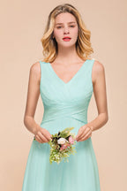 Elegante vestido de dama de honor de gasa con escote en V y corte A, vestido de fiesta de boda largo