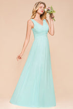 Elegante vestido de dama de honor de gasa con escote en V y corte A, vestido de fiesta de boda largo