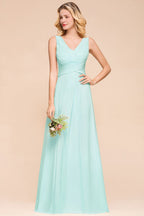 Elegante vestido de dama de honor de gasa con escote en V y corte A, vestido de fiesta de boda largo