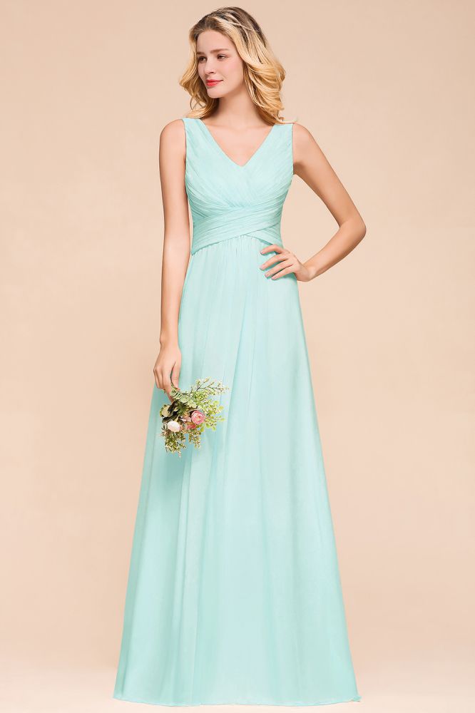 Elegante vestido de dama de honor de gasa con escote en V y corte A, vestido de fiesta de boda largo