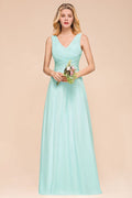 Elegante vestido de dama de honor de gasa con escote en V y corte A, vestido de fiesta de boda largo