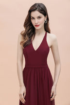 Elegante vestido de dama de honor de gasa con escote en V y espalda descubierta, vestido de fiesta con lentejuelas