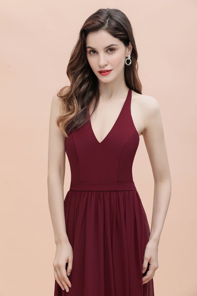 Elegante vestido de dama de honor de gasa con escote en V y espalda descubierta, vestido de fiesta con lentejuelas