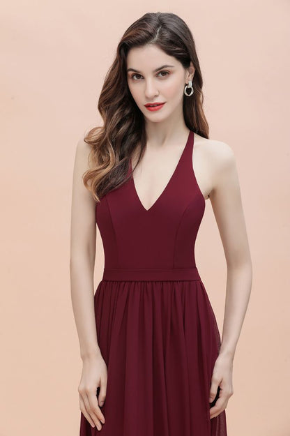 Elegantes Chiffon-Brautjungfernkleid mit V-Ausschnitt, rückenfreies A-Linien-Partykleid mit Pailletten