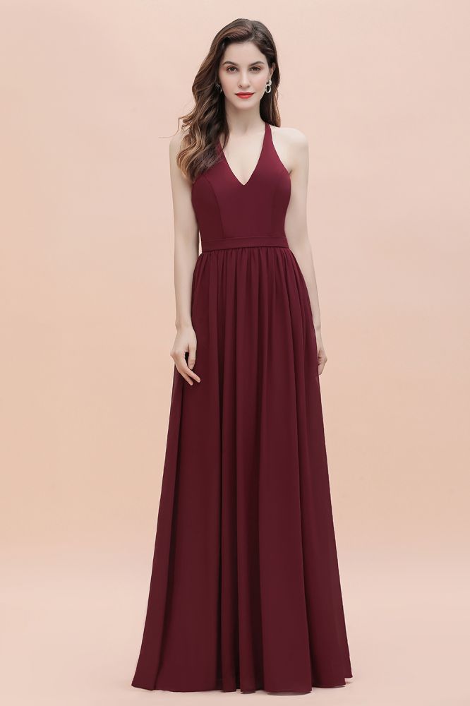 Elegante vestido de dama de honor de gasa con escote en V y espalda descubierta, vestido de fiesta con lentejuelas