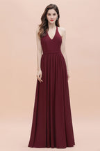 Elegante vestido de dama de honor de gasa con escote en V y espalda descubierta, vestido de fiesta con lentejuelas