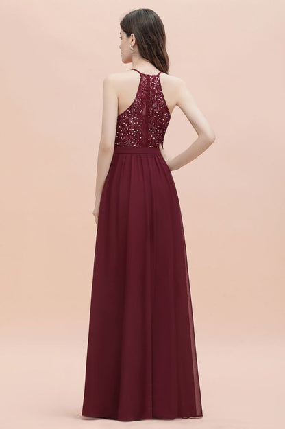 Elegantes Chiffon-Brautjungfernkleid mit V-Ausschnitt, rückenfreies A-Linien-Partykleid mit Pailletten