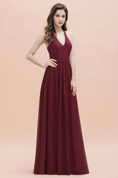 Elegantes Chiffon-Brautjungfernkleid mit V-Ausschnitt, rückenfreies A-Linien-Partykleid mit Pailletten