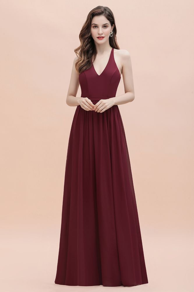 Elegante vestido de dama de honor de gasa con escote en V y espalda descubierta, vestido de fiesta con lentejuelas