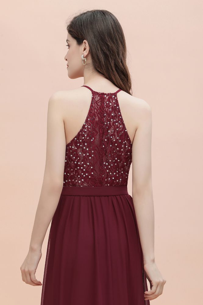 Elegantes Chiffon-Brautjungfernkleid mit V-Ausschnitt, rückenfreies A-Linien-Partykleid mit Pailletten