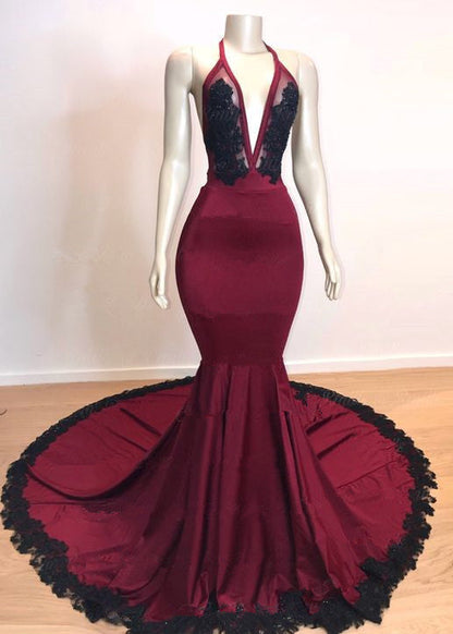 Elegante vestido de noche de sirena con cuello en V y apliques halter
