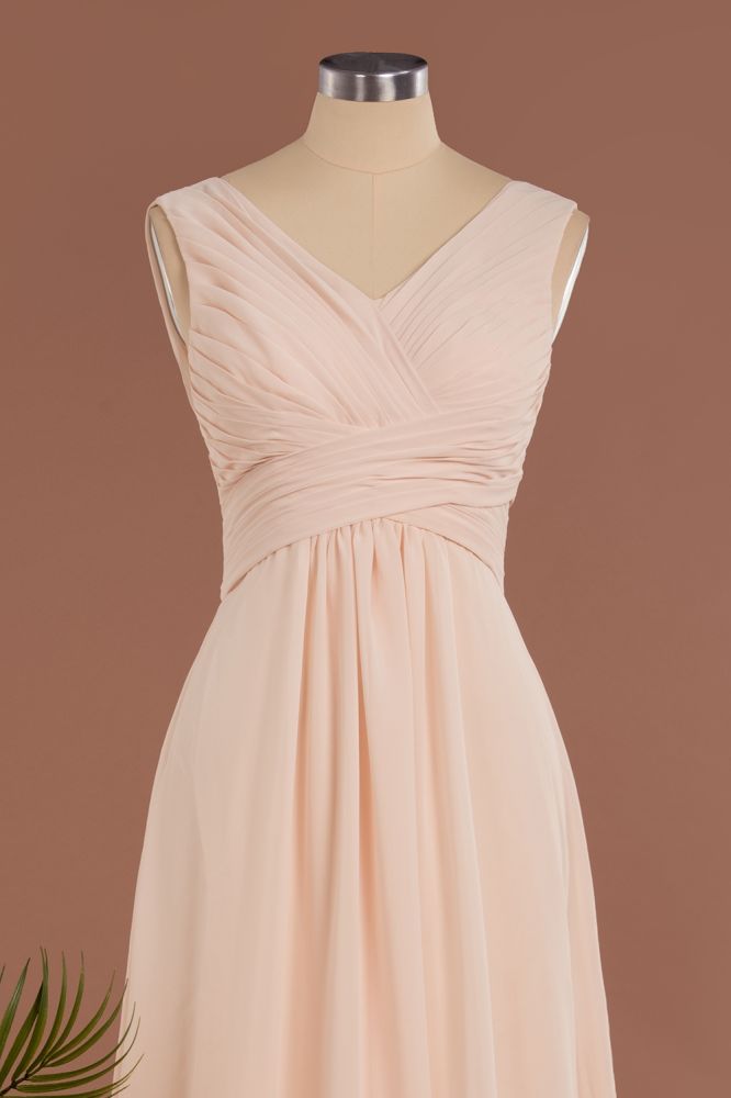 Vestidos formales sencillos, elegantes, con escote en V y volantes | Vestidos de noche de gasa sin mangas y corte en A