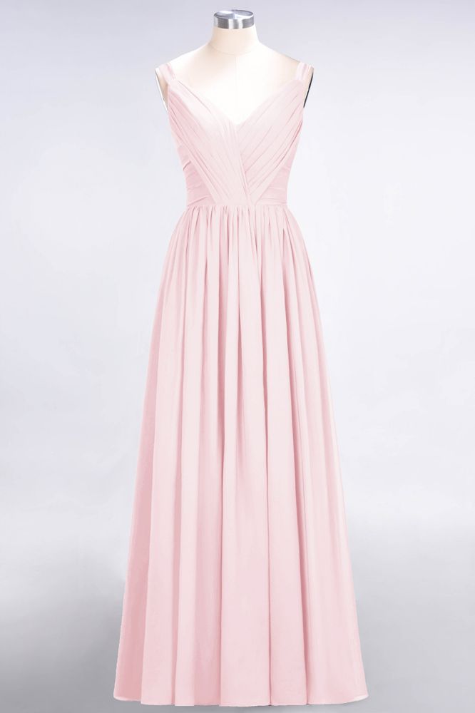 Elegante vestido de dama de honor de gasa con escote en V, tirantes, espalda descubierta y volantes hasta el suelo
