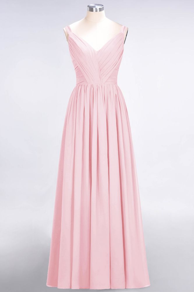 Elegante vestido de dama de honor de gasa con escote en V, tirantes, espalda descubierta y volantes hasta el suelo