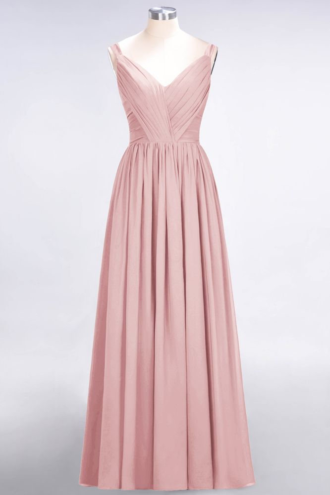 Elegante vestido de dama de honor de gasa con escote en V, tirantes, espalda descubierta y volantes hasta el suelo