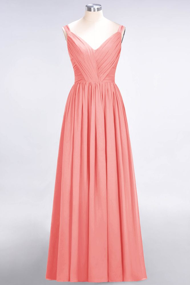 Elegante vestido de dama de honor de gasa con escote en V, tirantes, espalda descubierta y volantes hasta el suelo