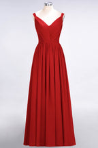 Elegante vestido de dama de honor de gasa con escote en V, tirantes, espalda descubierta y volantes hasta el suelo