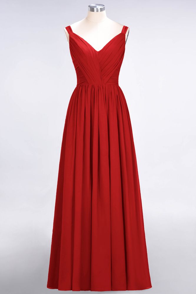 Elegante vestido de dama de honor de gasa con escote en V, tirantes, espalda descubierta y volantes hasta el suelo