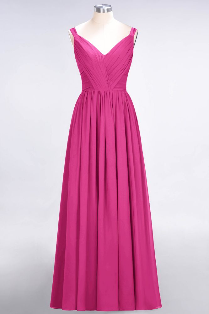 Elegante vestido de dama de honor de gasa con escote en V, tirantes, espalda descubierta y volantes hasta el suelo
