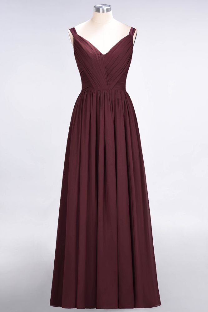 Elegante vestido de dama de honor de gasa con escote en V, tirantes, espalda descubierta y volantes hasta el suelo