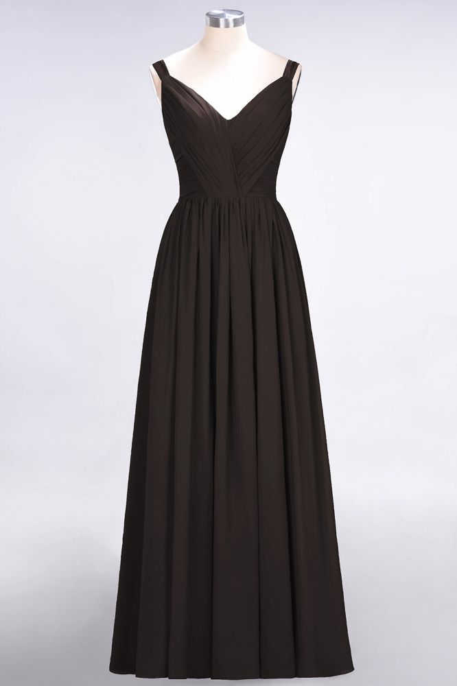 Elegante vestido de dama de honor de gasa con escote en V, tirantes, espalda descubierta y volantes hasta el suelo