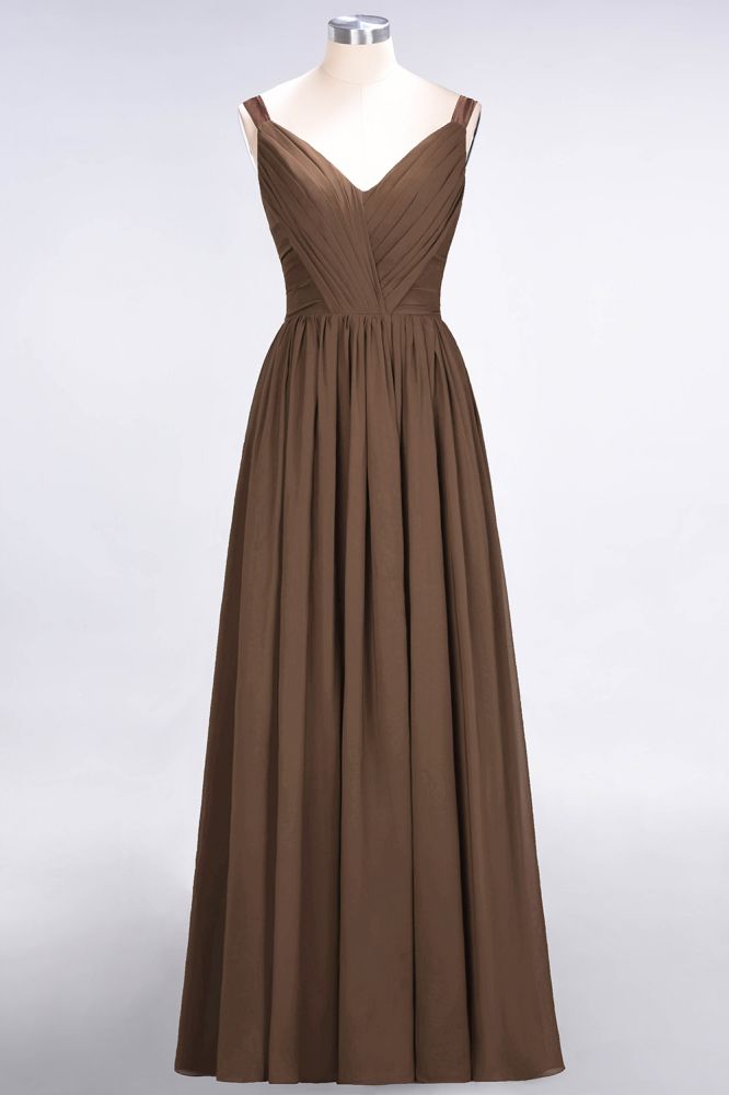Elegante vestido de dama de honor de gasa con escote en V, tirantes, espalda descubierta y volantes hasta el suelo