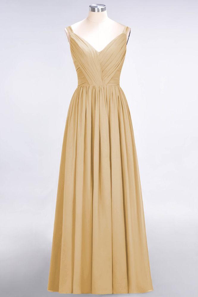 Elegante vestido de dama de honor de gasa con escote en V, tirantes, espalda descubierta y volantes hasta el suelo