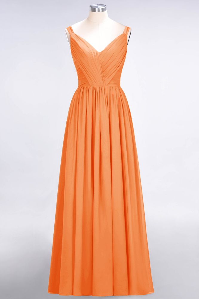 Elegante vestido de dama de honor de gasa con escote en V, tirantes, espalda descubierta y volantes hasta el suelo