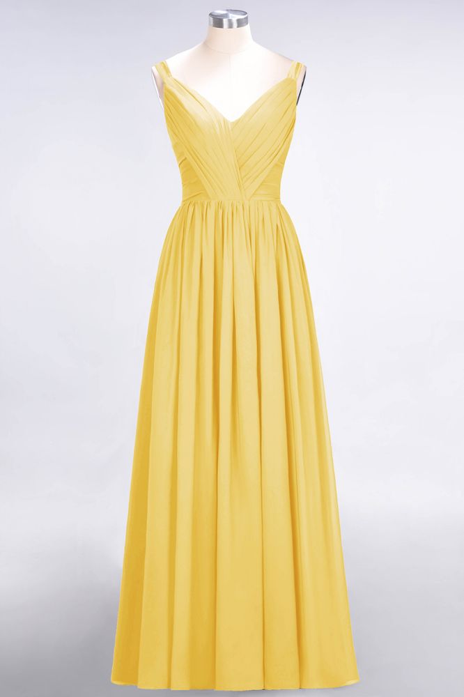 Elegante vestido de dama de honor de gasa con escote en V, tirantes, espalda descubierta y volantes hasta el suelo