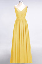 Elegante vestido de dama de honor de gasa con escote en V, tirantes, espalda descubierta y volantes hasta el suelo
