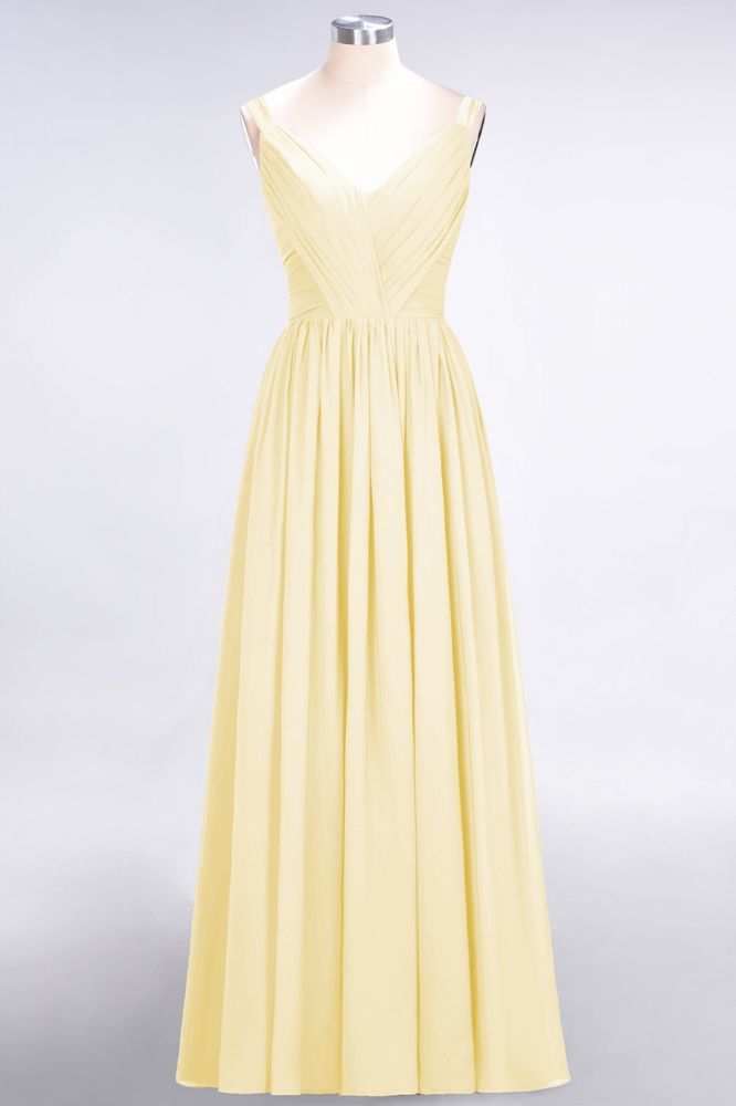 Elegante vestido de dama de honor de gasa con escote en V, tirantes, espalda descubierta y volantes hasta el suelo