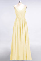 Elegante vestido de dama de honor de gasa con escote en V, tirantes, espalda descubierta y volantes hasta el suelo