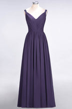 Elegante vestido de dama de honor de gasa con escote en V, tirantes, espalda descubierta y volantes hasta el suelo