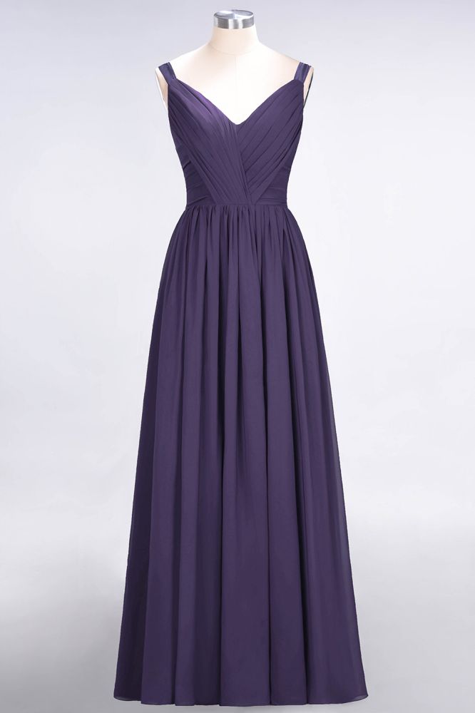 Elegante vestido de dama de honor de gasa con escote en V, tirantes, espalda descubierta y volantes hasta el suelo