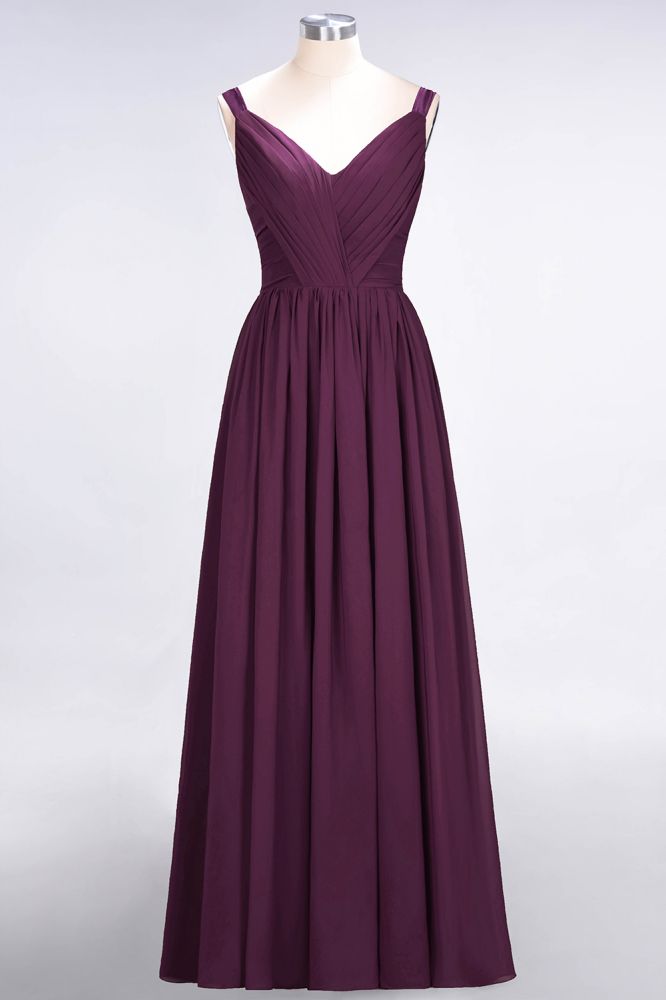 Elegante vestido de dama de honor de gasa con escote en V, tirantes, espalda descubierta y volantes hasta el suelo