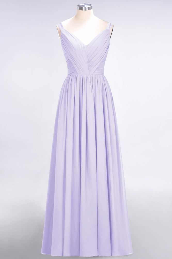 Elegante vestido de dama de honor de gasa con escote en V, tirantes, espalda descubierta y volantes hasta el suelo