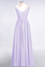 Elegante vestido de dama de honor de gasa con escote en V, tirantes, espalda descubierta y volantes hasta el suelo