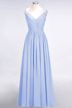 Elegante vestido de dama de honor de gasa con escote en V, tirantes, espalda descubierta y volantes hasta el suelo