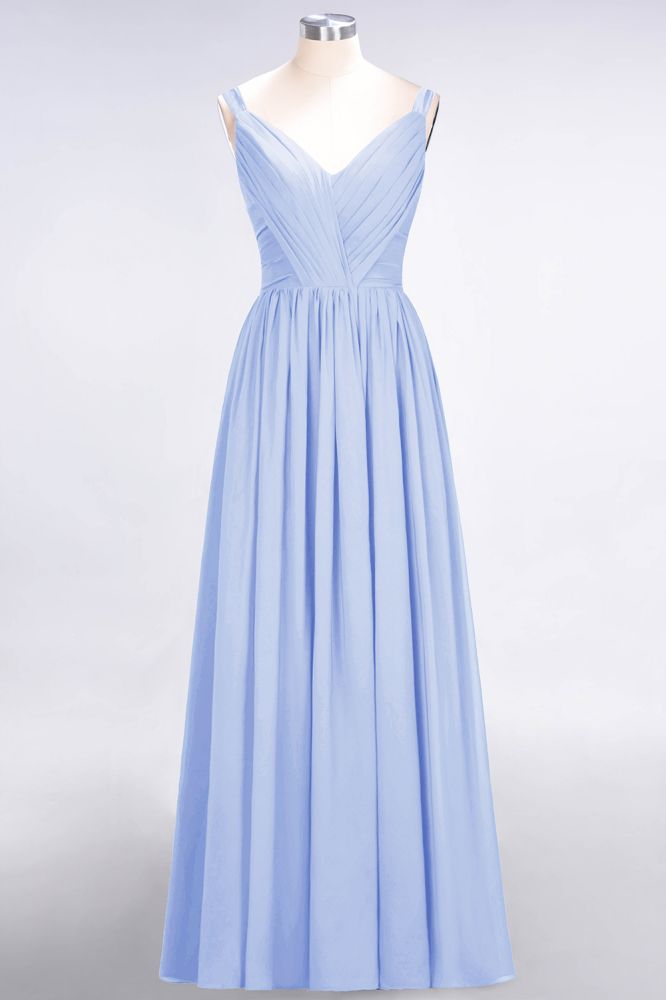 Elegante vestido de dama de honor de gasa con escote en V, tirantes, espalda descubierta y volantes hasta el suelo