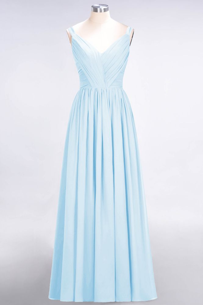 Elegante vestido de dama de honor de gasa con escote en V, tirantes, espalda descubierta y volantes hasta el suelo