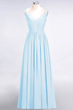 Elegante vestido de dama de honor de gasa con escote en V, tirantes, espalda descubierta y volantes hasta el suelo
