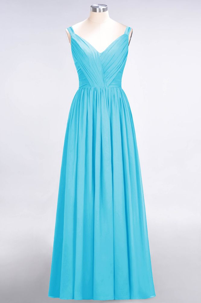 Elegante vestido de dama de honor de gasa con escote en V, tirantes, espalda descubierta y volantes hasta el suelo