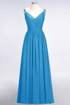 Elegante vestido de dama de honor de gasa con escote en V, tirantes, espalda descubierta y volantes hasta el suelo