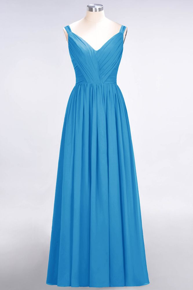 Elegante vestido de dama de honor de gasa con escote en V, tirantes, espalda descubierta y volantes hasta el suelo