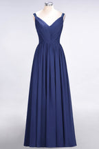 Elegante vestido de dama de honor de gasa con escote en V, tirantes, espalda descubierta y volantes hasta el suelo